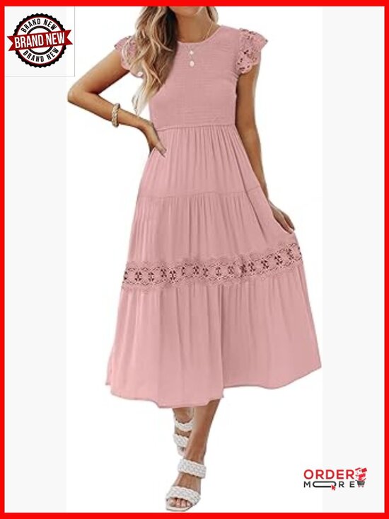 Dresses & Skirts - Flowy Midi Dress with Flutter Sleeves and Smocked Waist
